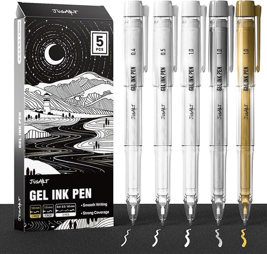JusArt White Pen, Gold Pens & Silver Pen with 0.4mm, 0.5mm & 1.0mm Assorted Tips, Opaque Ink Pens for Black Paper, Journaling & DIY Crafts, Ideal Drawing Pens for Artists & Art Supplies, 5 Pack