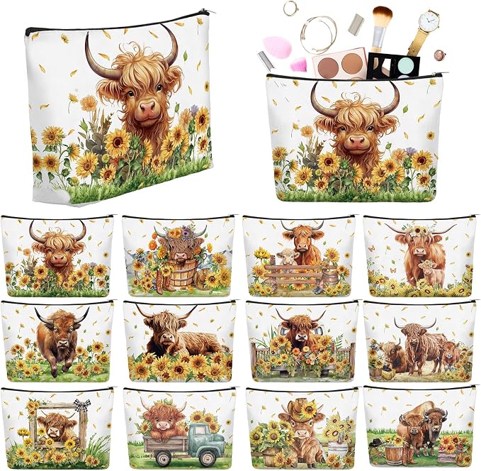 Reginary 12 Pcs Highland Cow Makeup Bags Sunflower Cow Cosmetic Bags with Zippers Floral Pouch Bulk Appreciation Gifts for Mom Women Teacher Graduation Summer Wedding Birthday Travel Party Supplies