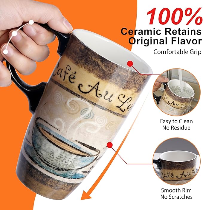 Topadorn 17oz Ceramic Travel Mug with Lid, Vintage Café Au Lait Coffee Cup, Spill Proof Microwave & Dishwasher Safe Mug, Gift Box Included