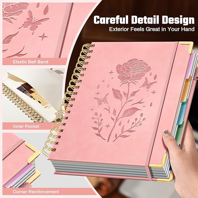 Hardcover Spiral Notebook with 5 Removable Dividers Tabs 300 Pages Leather 5 Subject Notebook College Ruled 8"x10" Large B5 Notebooks for Work School Note taking Lined Journal for Women, Pink