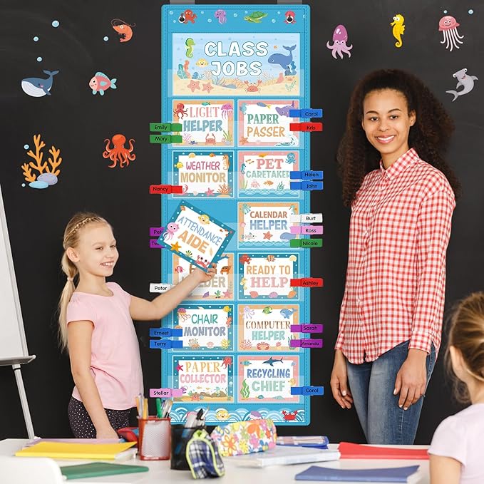 Blosssound Class Jobs Pocket Chart with 31 Cards 40 Colored Clips Classroom Teacher's Helper Management Educational Pocket Chart Bulletin Board Decorations Preschool Supplies(Ocean)