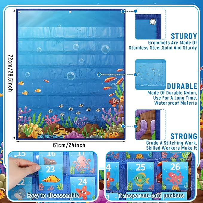 Weysat Classroom Calendar Pocket Chart Set Calendar Bulletin Board with Pocket Bulletin Board Season Festival Weather Date Chart for Preschool Elementary School Teacher Supplies(128 Pcs,Sea Animals)