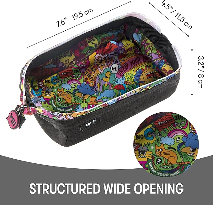 ZIPIT: Lenny Pencil Case - Black & Doodles - Large Storage Capacity Zipper Pouch, Makeup-Stationery Bag, School, Washable Polyester, Kids-Teens-Adults