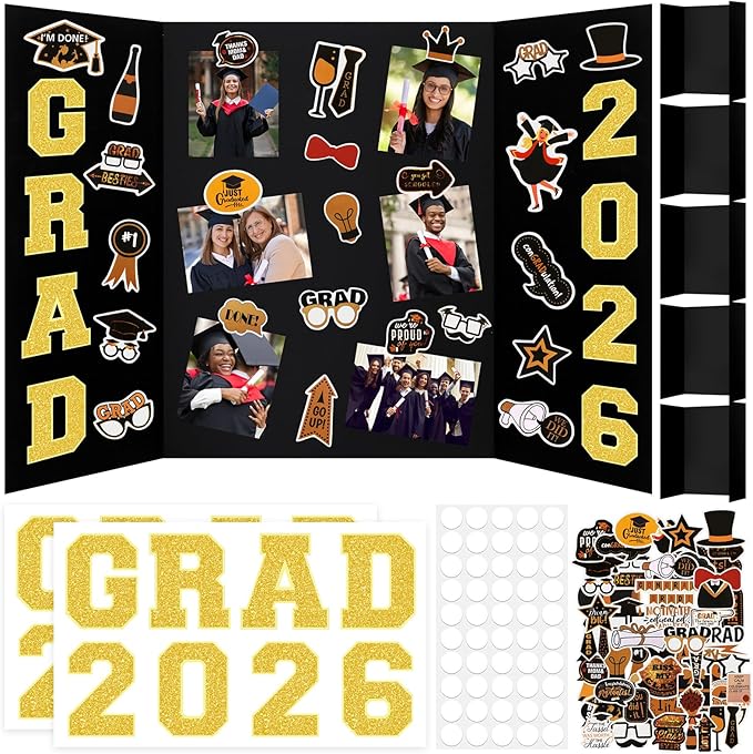 118 Pcs 2026 Graduation Trifold Poster Board 24" x 16" Graduation Picture Frame with Stickers Black Gold Photo Display Board for Class of 2026 Grad Party High School College DIY Craft Table Decor