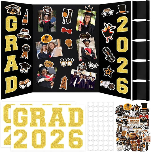 118 Pcs 2026 Graduation Trifold Poster Board 24" x 16" Graduation Picture Frame with Stickers Black Gold Photo Display Board for Class of 2026 Grad Party High School College DIY Craft Table Decor