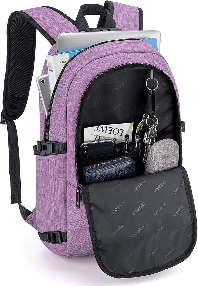 Tzowla Travel Laptop Backpack Water Resistant Anti-Theft Bag with Giant Tumbler Holder Pocket and Lock 17.3 Inch Computer Business Backpacks for Women Men Work College Gift,Casual Daypack(Purple)
