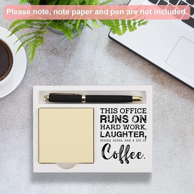 Funny Office Coffee Note Holder Organizer for Desk, White Wood Sticky Note Pad Tray with Quote, Gift for Coworker Boss Teacher Women Men, Work Desk Decor Accessories - FTB322
