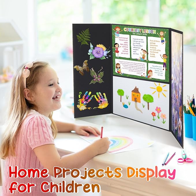 8 PCS Trifold Poster Board - 16" x 23" Small Tri Fold Display Board Hard & Thick Black Presentation Cardboard for Science Fair, School Projects, Business Supply