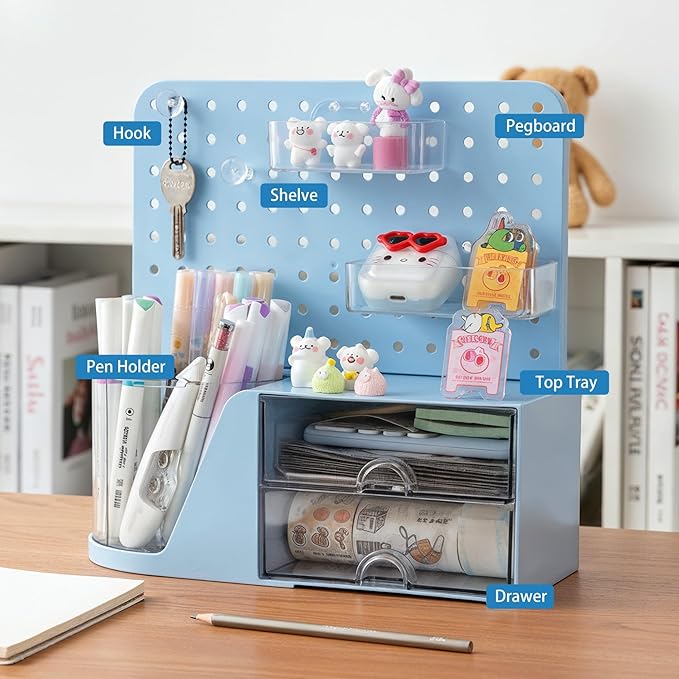 Comix Desk Organizer with Drawer, 360° Rotating Pen Holder for Desk, Pen Organizer with 5 Slots Pencil Holder+Pegboard+2 Drawer for Office Home Art Supplies (Blue)