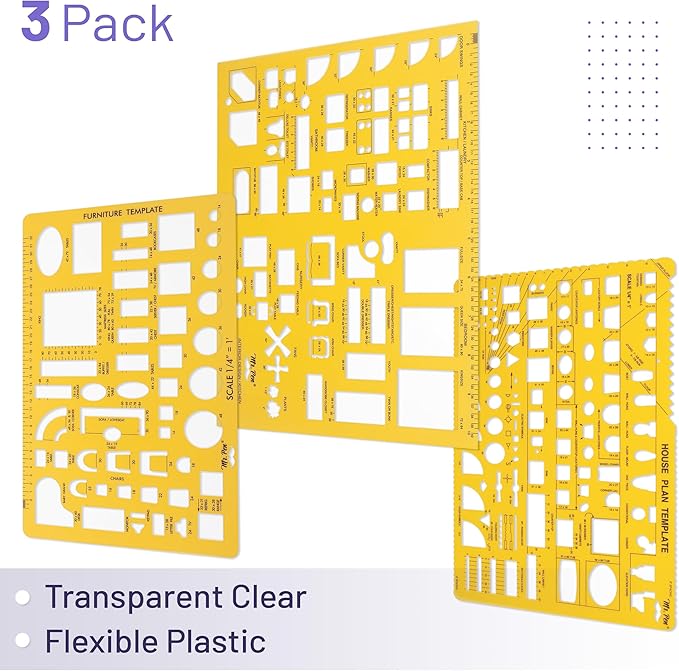 Mr. Pen- House Plan, 3 pcs, Interior Design and Furniture Templates, Clear Flexible Plastic, Drafting Tools, Ruler Shapes for Architecture, 1/4 Inch Scale, Kitchen, Bath, Bedroom, Office, Living Room