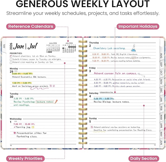 Planner 2026–2027, Academic Monthly Weekly Spiral Calendar, July 2026 – June 2027, Hardcover Agenda Notebook with Tabs, 6.3" x 8.5", Perfect for Students, Teachers, School & Daily Planning - Soft Blossoms