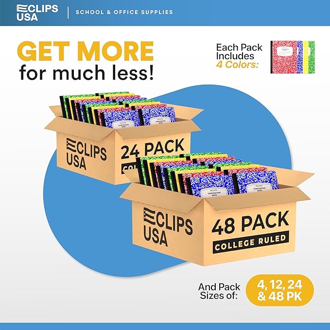 E-CLIPS USA Composition Notebook College Ruled Marble Composition Notebooks Bulk College Ruled Notebooks for Work 9.75" x 7.5" 100 sheets 200 Pages (48 Pack Assorted colors)