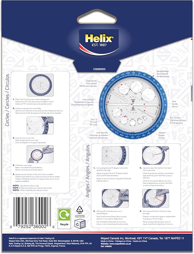 Helix Geometry Tool Set – Locking Compass, Protractor, and 360° Angle & Circle Maker with Integrated Templates – Precision Drawing & Measuring Kit for Students and Professionals