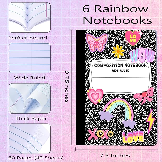 6 Pack Marble Composition Notebook Wide Ruled Preppy Composition Notebooks,Back to School Coquette Aesthetic Notebooks Perfect-bound 80 Pages (40 Sheets) 9.75x7.5 Inches