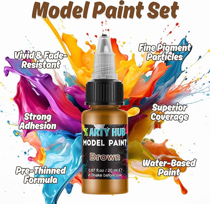 X ARTY HUB Model Paint Set - 20 Colors with 3 Brushes, Miniature Paints (Base/Skin Tones/Shadows/Metallics) for Airbrushing & Hand Painting, Acrylic Paint for Models, Miniatures & Wargaming Props