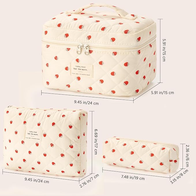 HBselect Quilted Makeup Bag, 3Pcs Cotton Large Travel Makeup Bags Organizer | Cute Floral Make up Bag Cosmetic Bag Toiletry Bag for Women Girls, Makeup Pouch for Skincare, Brushes & Travel Essentials