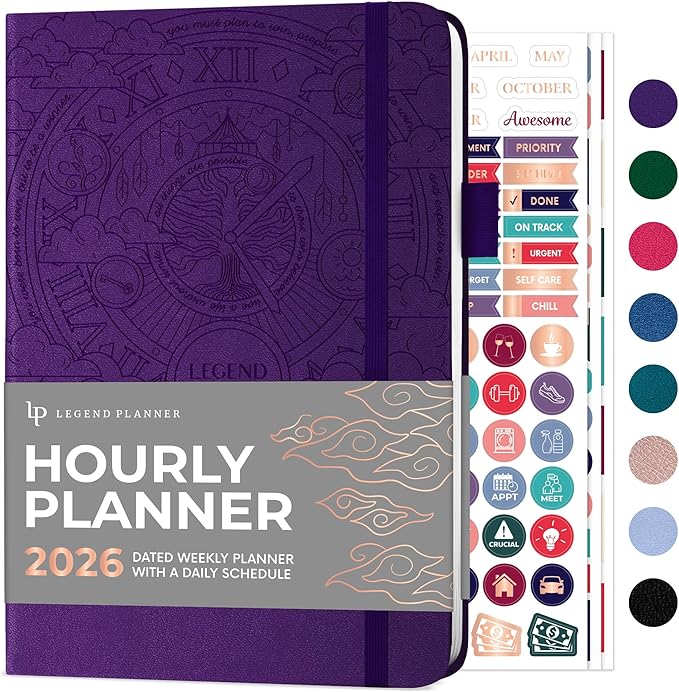 Legend Dated Hourly Weekly Planner 2026 – Daily, Monthly & Yearly Agenda with Time Slots – Hardcover Organizer Journal, 5.8x8.3” (Purple)