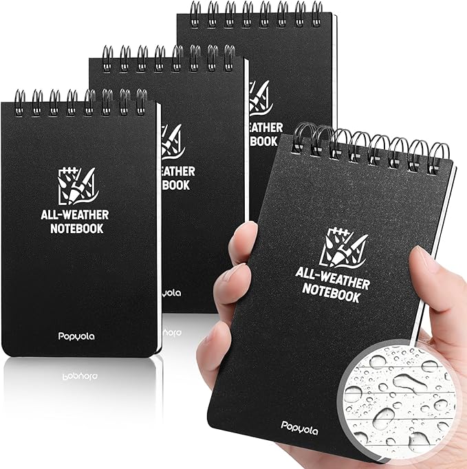 4 Pack Waterproof Pocket Notebook, 3" x 5" Top-Spiral Pocket Notepad