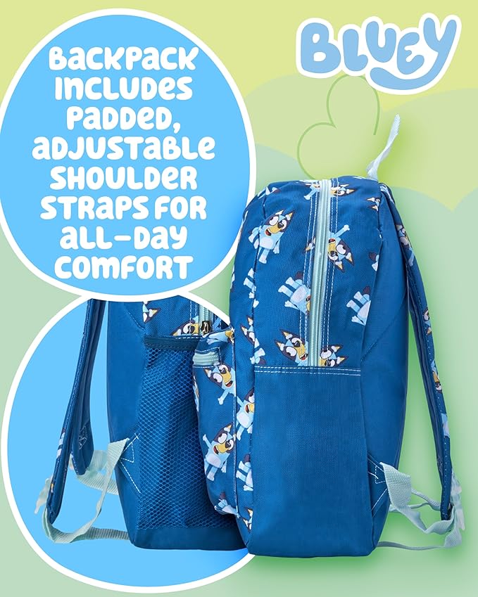 Fast Forward Bluey Kids Backpack - 16 Inch Bookbag Elementary Backpack for School Girls & Boys with Adjustable Padded Straps, Bluey Blue/Aop