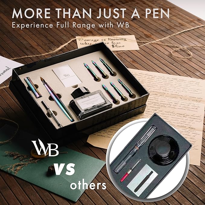 Wordsworth & Black Calligraphy Pen Gift Set, Includes Ink Bottle, 6 Ink Cartridges, A Refill Converter, 6 Replacement Nibs, Journaling, Smooth Writing Pens [Rainbow]