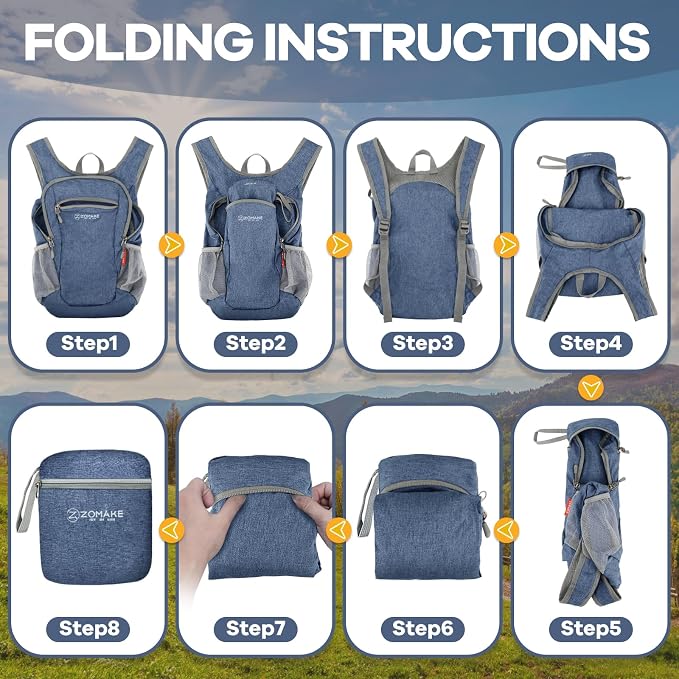 ZOMAKE Lightweight Packable Backpack, 10L Small Foldable Daypack for Hiking | Water Resistant Collapsible Backpacks for Women Men, Everyday Carry, Multi Compartment Storage, Adjustable Strap(Navy Blue)