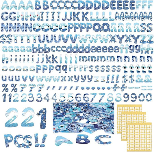 221 Pcs Winter Bulletin Board Letters Blue Round Alphabet Number Punctuation Symbol Combo Letter Cutouts Snowflake Classroom Decoration for Winter School Chalkboard Poster Board