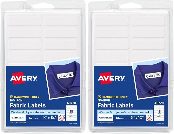 Avery No-Iron Fabric Labels, 1/2" x 1-3/4", Washer and Dryer-Safe Waterproof Labels, Non-Printable, 54 Total (40720) (Pack of 2)
