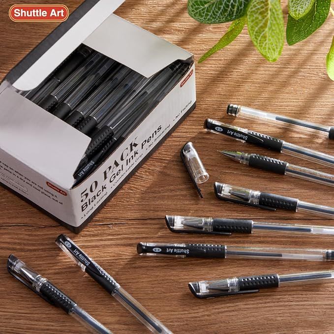 Shuttle Art Black Gel Pens, 50 Pack Fine Point Black Ink Pens Bulk, 0.5mm Rollerball Gel Ink Pens Smooth Writing with Comfortable Grip for Office, School and Home