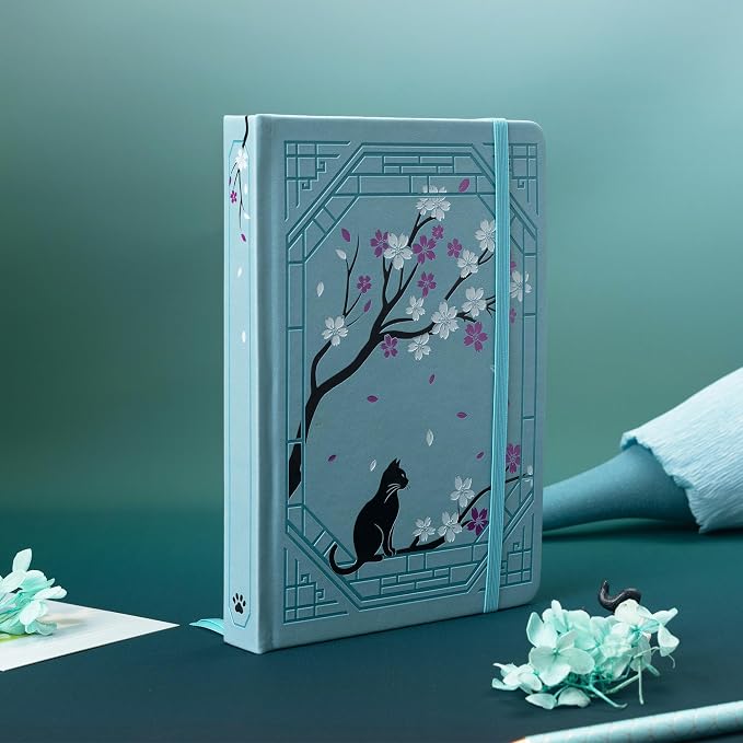 TIEFOSSI A5 Dotted Journal, Cute Cat Journal for Women Girls, Dot Notebook with Pretty Sakura Pattern, Aesthetic Diary for Writing Journaling Drawing, Golden Edges