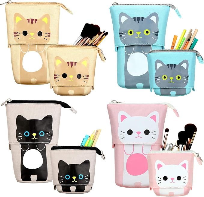 Zonon 4 Pieces Standing Pencil Case Cat Print Telescopic Pencil Case Stand up Pen Holder Canvas PU Cartoon Portable Makeup Bag for School Office Cosmetics Gift Supply(Cat Print)