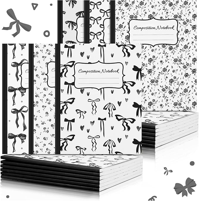 Fullhawl 6 Pack Composition Notebook College Ruled Bulk Black Bow Composition Notebook Preppy Aesthetic for Back to School Supplies 110 Pages 9-3/4 x 7-1/2" Journal for First Day of School Office