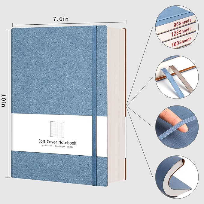 AHGXG Dotted Journal - 320 Pages Dot Grid Notebook B5 Large Journal, 100gsm Thick Dotted Paper, Leather Softcover, with Journal Stencils, Inner Pocket, 7.6'' X 10'', Gray Blue