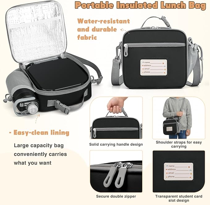 Bento Lunch Box for Kids with 7oz Soup Thermo,Insulated Stainless Steel Kids Water Bottle with Straw and Insulated Lunch Bag,Leak-Proof Lunch Food Container with Ice Pack for School (Black)
