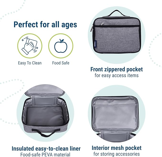 Wildkin Kids Insulated Lunch Box, Keeps Food Hot or Cold, BPA-Free with Mesh Pockets & Easy-Clean Lining – Ideal for School, Travel & Daycare – Grey Tweed
