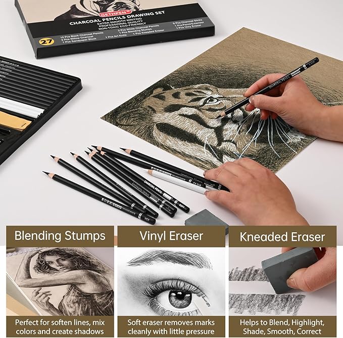 GETHPEN 27 Piece Charcoal Drawing Set - Professional Black & White Charcoal Pencils for Sketching, Shading & Blending, Graphite Sticks with Artist Art Supplies Kit (Beginners & Professionals)