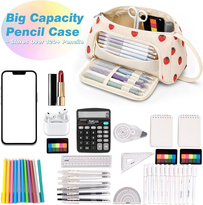 Big Capacity Pencil case,Soft Corduroy Pencil Bag with 3 Compartment Pouch Bag for School Supplies Office for Teen Girls Boys Women Man (Strawberry)