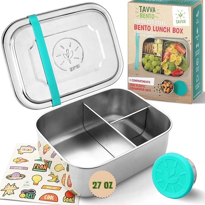 TAVVA Stainless Steel Lunch Box for Kids Ages 6-9 | 2-Piece Set | 27oz Metal Bento Box with 100% Steel Lids | 1.7oz Dip Cup with 100% Leakproof Silicole Lid | BPA-Free | Freezer & Dishwasher Safe