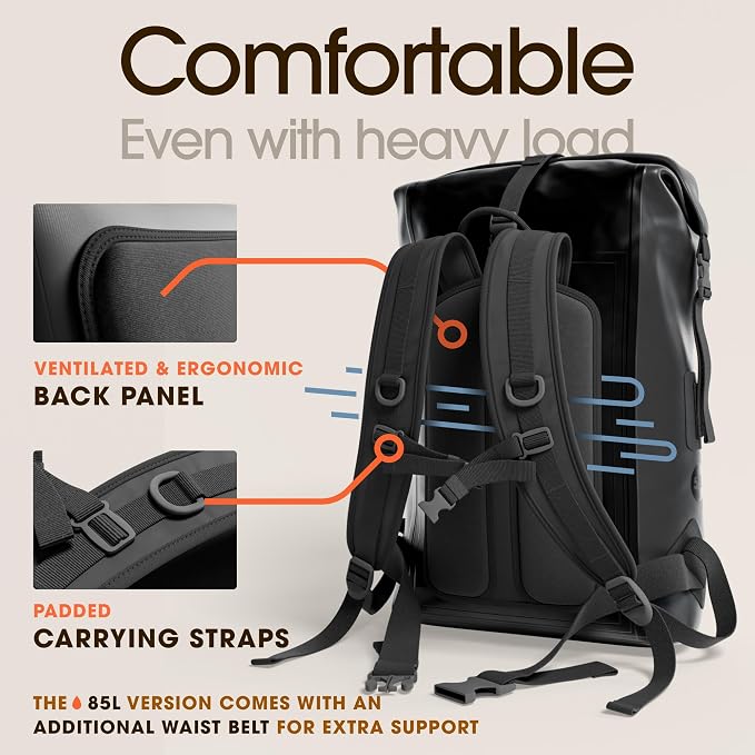 Waterproof Dry Bag Backpack 35L - Kayaking Boating Fishing Rafting Marine | Black 35L dry bag: 500D PVC, abrasion resistant build, IPX8 phone case for river and lake trips