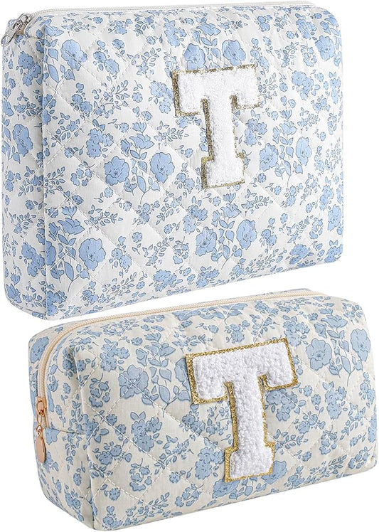JOVAKIT Alphabet Makeup Bag Cosmetic Bag for Women, Christmas Gifts for Girls Age 6-18, Floral Flowers Coquette Travel Toiletry Zipper Make Up Pouch Organizer Trendy Stuff (2Pcs Blue Floral T)