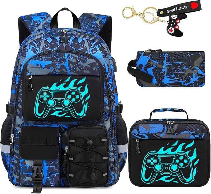 School Backpack for Boys - 4pcs Gamer Boys Backpack with Lunch Box Set for Kids Teens Elementary Middle High School,18″ Large Capacity Students Bookbag with Usb Charging Port & Key-chain