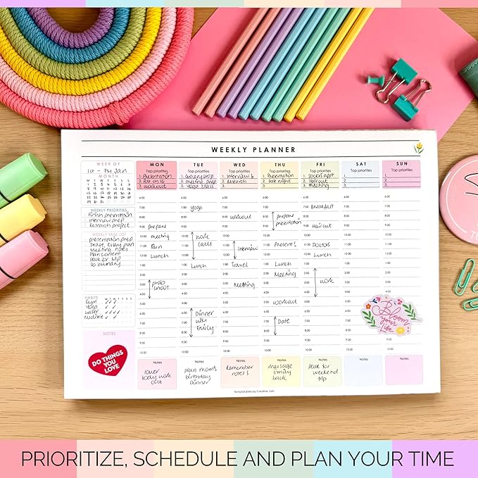 Weekly Hourly Planner Notepad, Daily Planner Desk Pad, Weekly Schedule, To Do List Note Pad, ADHD Planner | 50 Undated Tear Away Sheets | A4 (Rainbow)