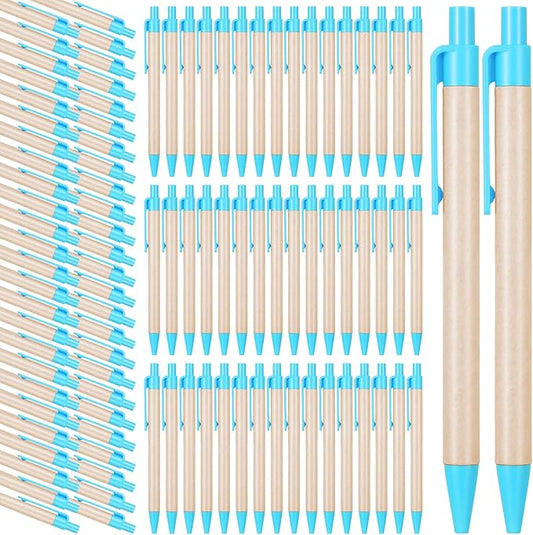Sabary 100 Pcs First Day of School Pens Bulk Kraft Paper Ballpoints Retractable Black Click Pens 1 mm Recycled Paper Ballpoint for School Coworkers Writing Office Supplies(5.5 Inch,Blue)