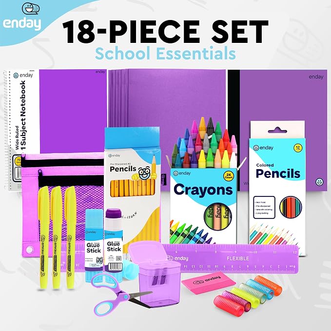 Back to School Supplies for Kids, Purple School Supply Box Grades K-5, Premium Quality Kids School Supplies Kit, Kindergarten School Supplies for Girls and Boys, 71 Piece Set - by Enday