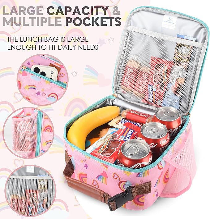 Genteen Kids Lunch Box Insulated Soft Mini Cooler with Bottle Holder, Lightweight Reusable Easy-Clean Lunch bag for Girls, Boys Back to School-Rainbow