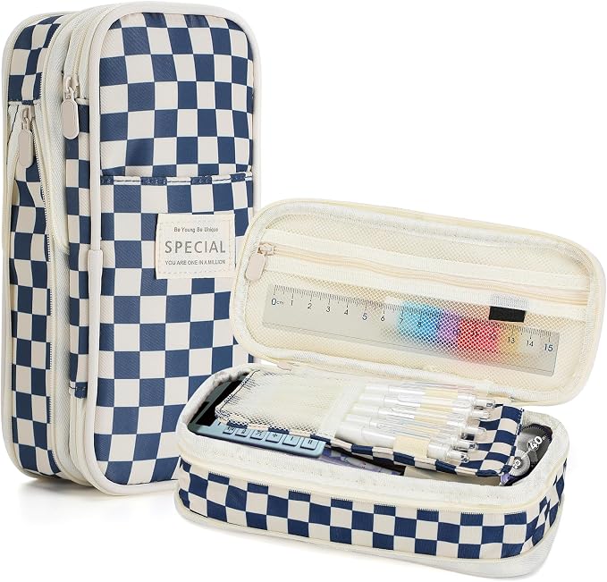 Bigmeta Gingham Expandable Pencil Case for Teens Girls - Navy | Zipper Gusset for Adjustable Capacity, Checkered Cute Pencil Pouch, Stationery Bag Box for Student Back to School Gifts