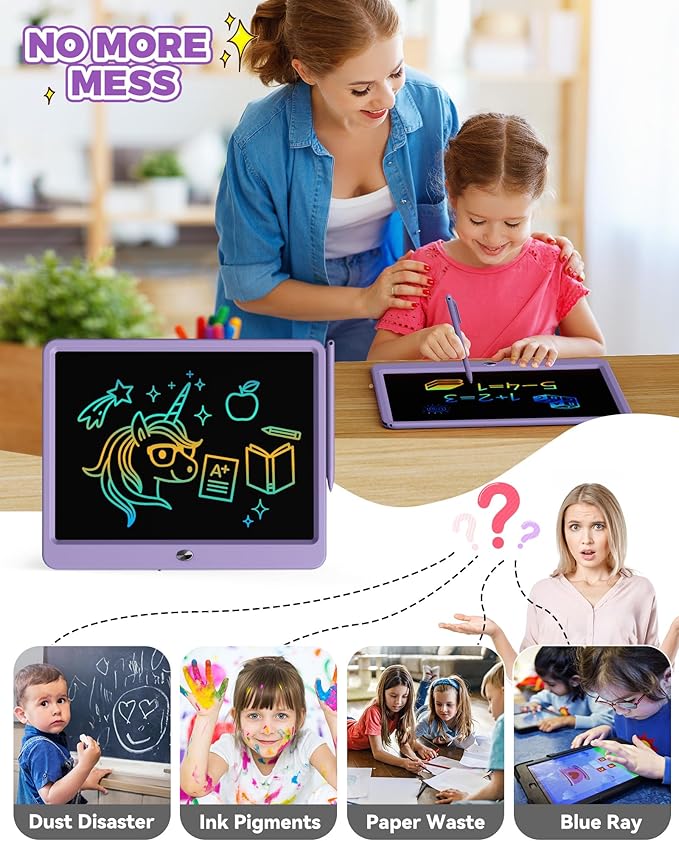 KOKODI 12 Inch LCD Writing Tablet with Anti-Lost Stylus Erasable Doodle Board Colorful Toddler Drawing Pad Car Travel School Games Toys for 3 4 5 6 7 8 Kids Birthday Gift for Girls Boys Adults Purple