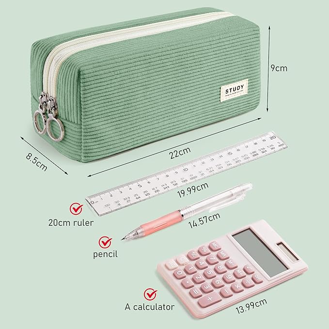 KALIDI Large Pencil Case Corduroy Pencil Pouch Box Cute School Supplies for Teen Girls Boys, Green