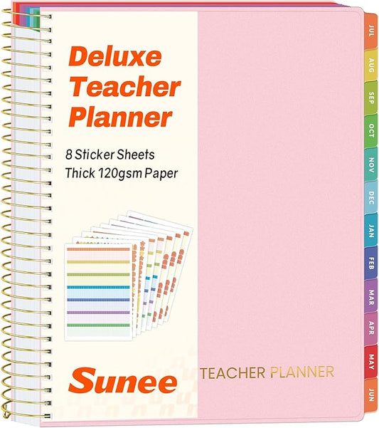 SUNEE Deluxe Teacher Planner 2026-2027, Lesson Planner Book with 7 Periods Jul 2026 - Jun 2027, 8.5" x 11" Daily Weekly and Monthly Organizers with Colorful Tabs, Planning Stickers,120gms Paper, Pink