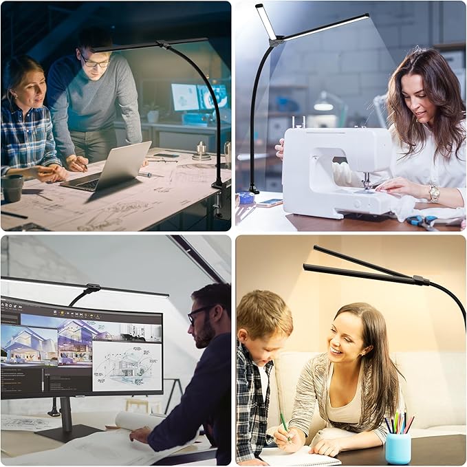 ShineTech LED Desk Lamp, 31.5" Ultra Wide Double Head Architect Light with Clamp, 50 Adjustable Lighting Modes, Eye-Caring Bright Task Lamp for Home Office, Large Monitor, Memory & Auto-Off Timer