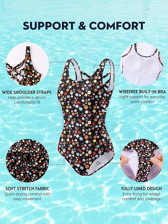 Modest Full Coverage One Piece Swimsuit Floral Bathing Suit Criss Cross Back Swimwear with Built-in Bra